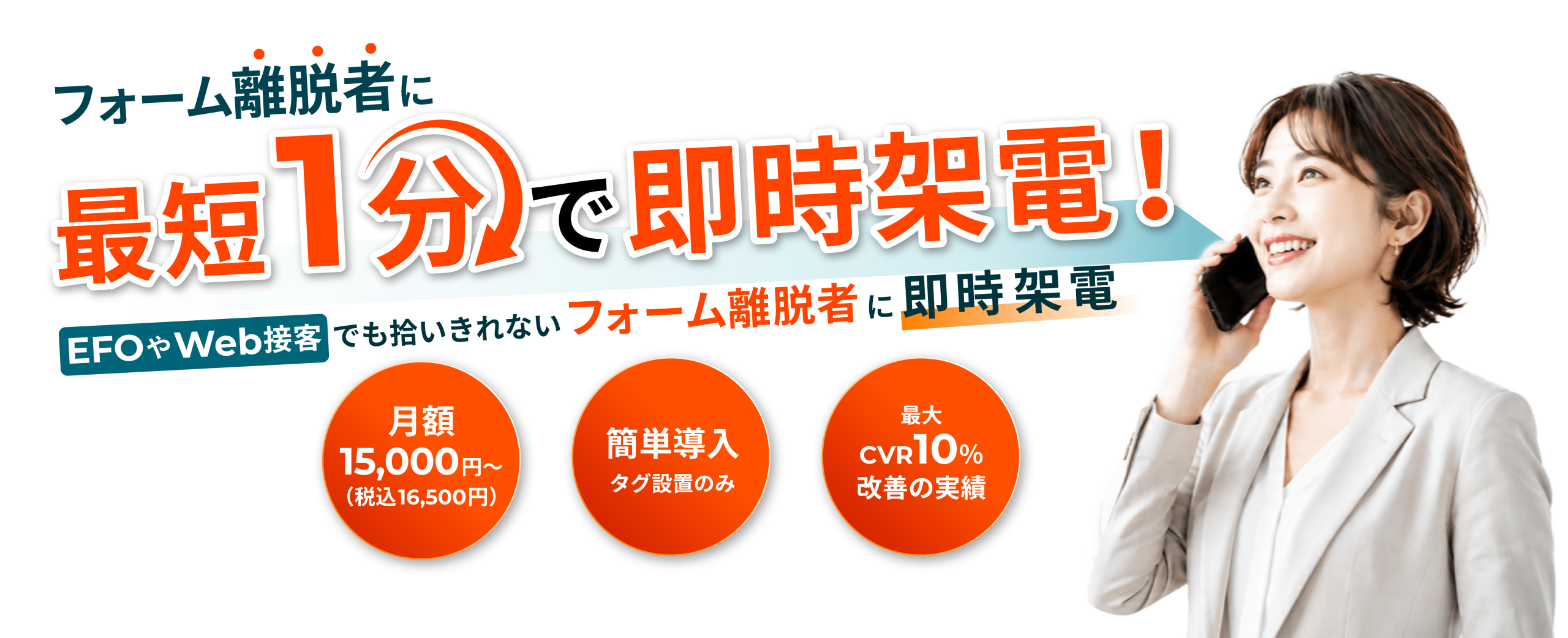 リコネならフォーム離脱者に最短1分で即時架電！月額16,500円(税込)～、タグ設置のみの簡単導入、最大CVR10％改善の実績